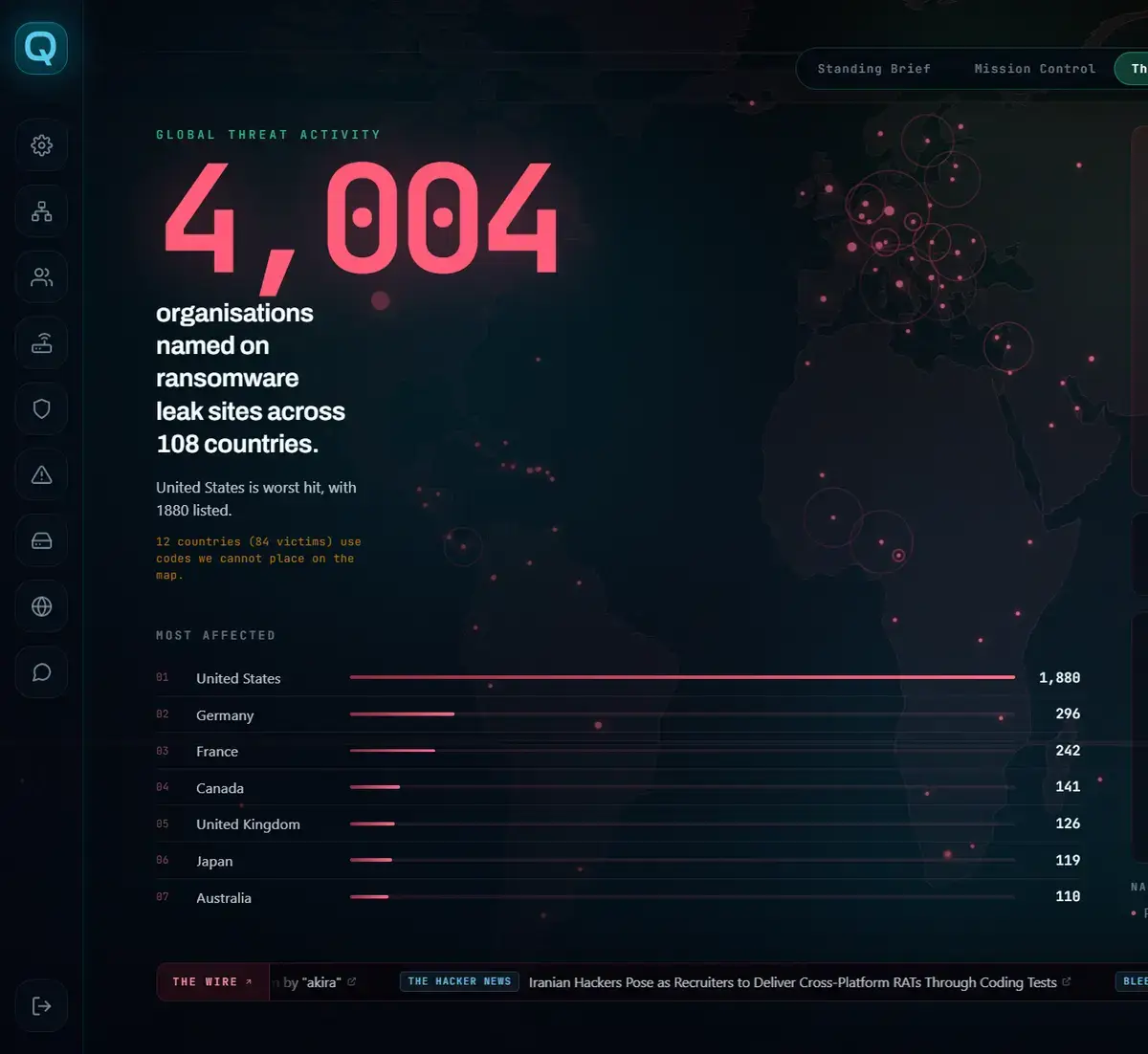 The QS-WAN Threat Floor, showing global threat activity